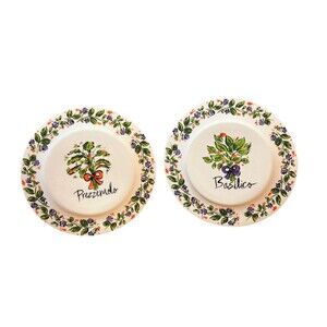 2 Tabletops RIBBON HERBS Large Dinner Plates Purple Orange Green Black